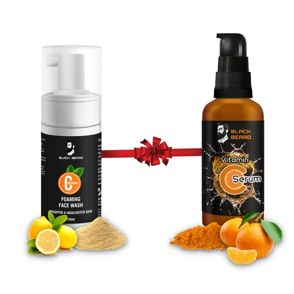 BLACK BEARD SKIN CARE COMBO FOR MEN, VITAMIN C FOAMING FACEWASH 100ML & VITAMIN C FACE SERUM 30ML FOR GLOWING SKIN FOR MEN. - 100ML, 30ML