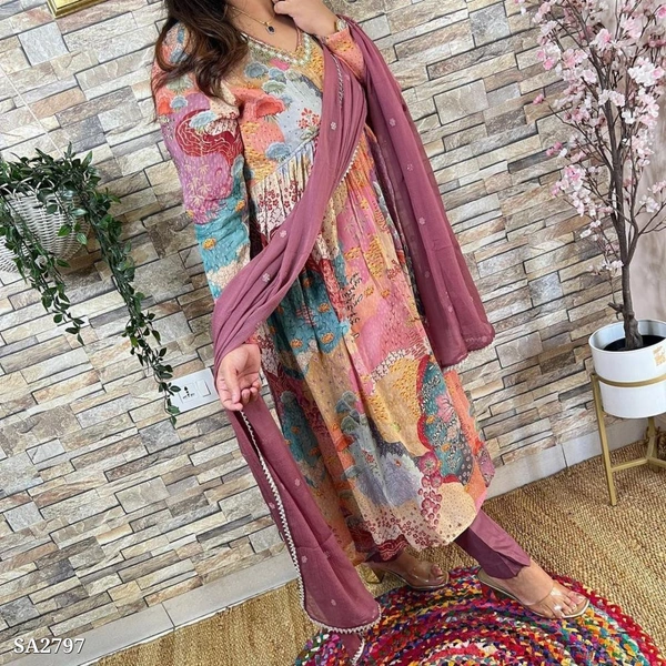 New Muslin Kurta Pant And Dupatta  - Lavender, M