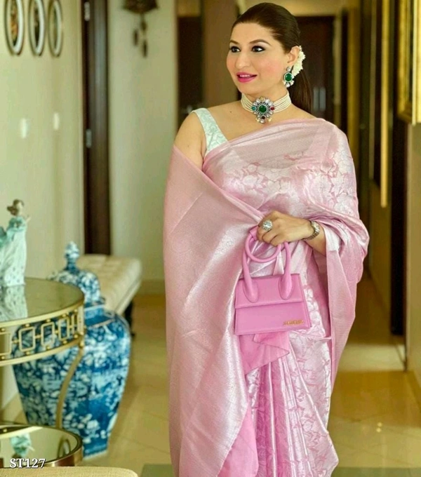 Designer Litchi Silk Saree - Blush Pink, Free Size