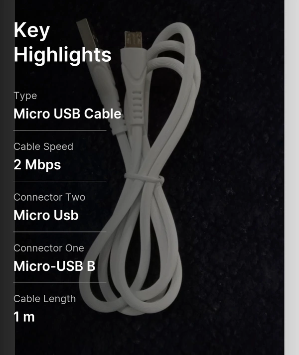 Micro USB Cable 1miter 2.1A  - White, Only Check Warranty