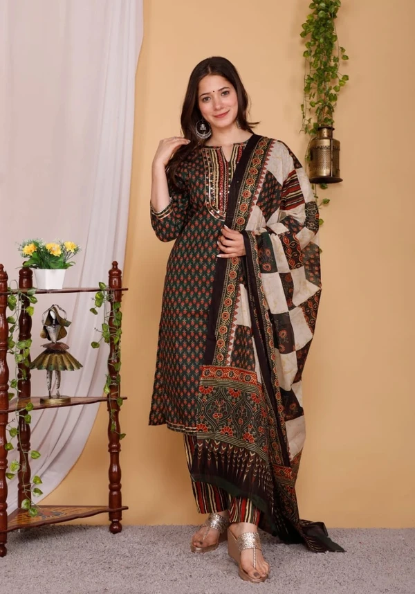 Pure Cambric Cotton Women's Straight Kurta Pant Dupatta Set - L/30, Brown