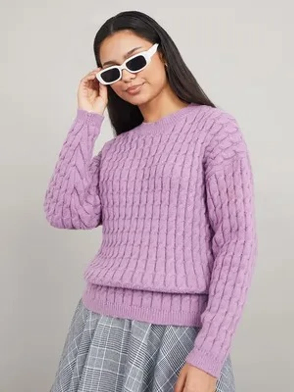 Purple Cable Knit Regular Length Regular Fit Sweater - l