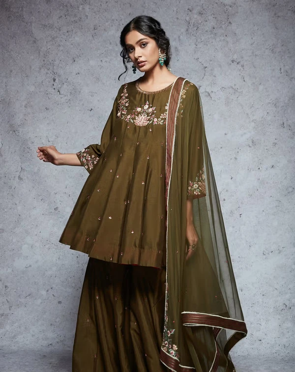 Green Dupion Silk Embroidered Sharara Set