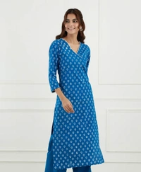 Blue Cotton Floral Print Kurta Set - S