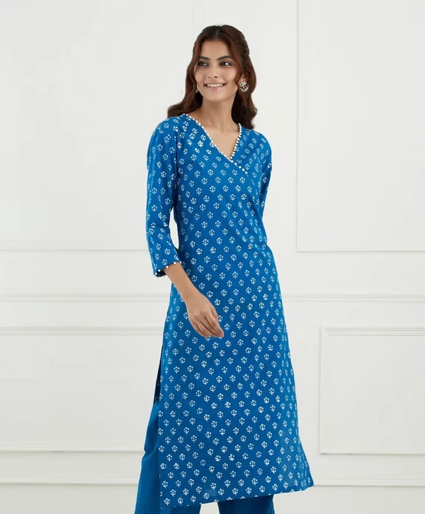 Blue Cotton Floral Print Kurta Set - S