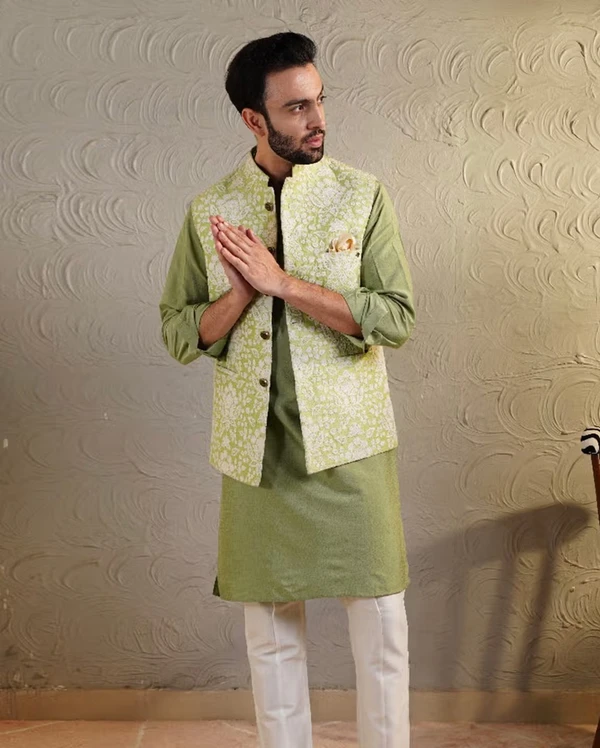 Green Silk Bundi And Kurta Set