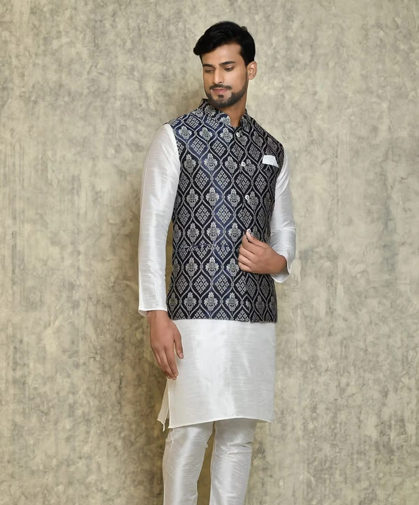 White Cotton Front Button Bundi And Kurta Se