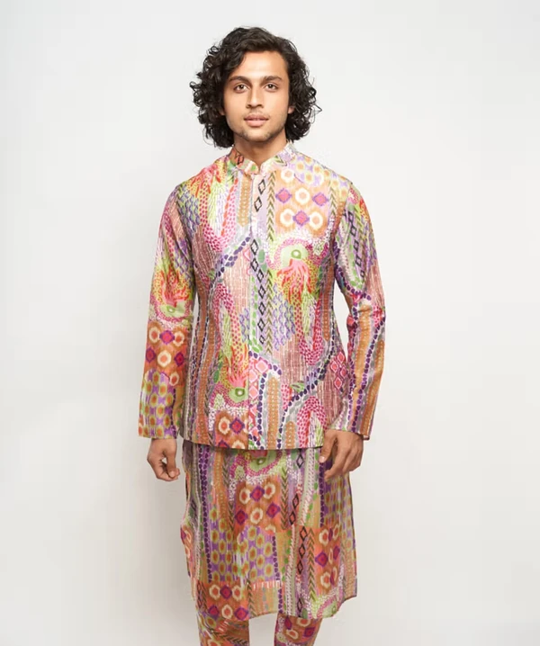 Multi Color Dupion Silk African Print Bundi And Kurta Set