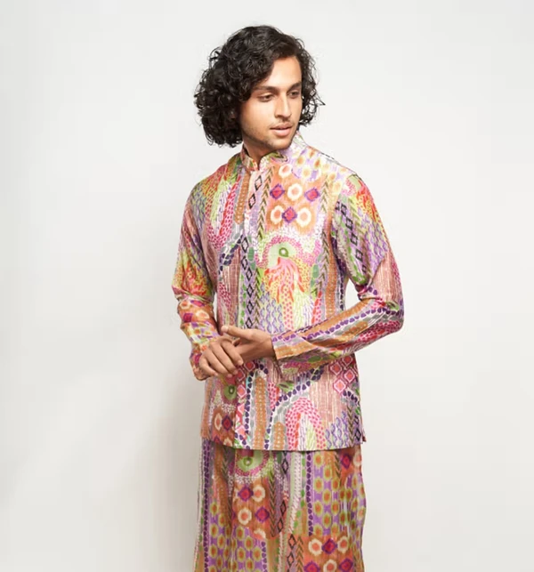 Multi Color Dupion Silk African Print Bundi And Kurta Set