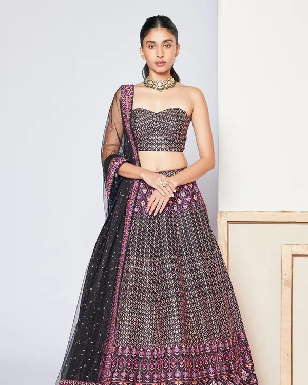 Black Dupion Silk Secret Garden Embroidered Lehenga Set