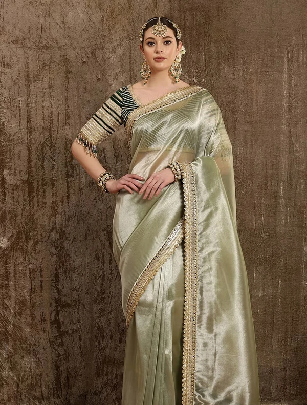 Gold Metallic Tissue Woven Shimmer Saree With Raw Silk Blouse