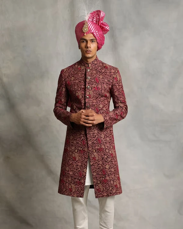 Maroon Poly Silk Floral Embroidered Sherwani Set