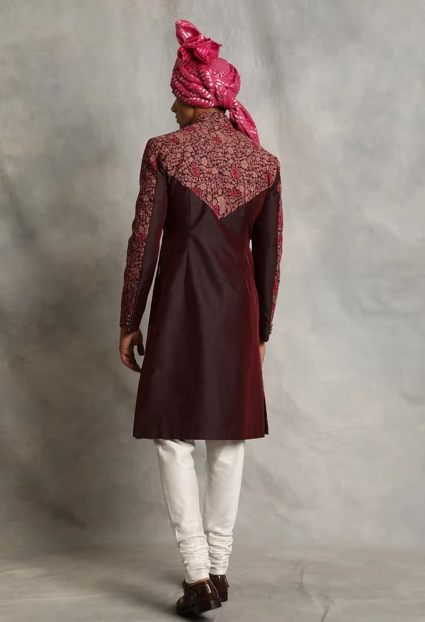 Maroon Poly Silk Floral Embroidered Sherwani Set