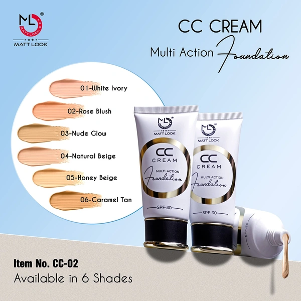 Mattlook CC Cream Multi Action Foundation | Colour Correcting, Brightening, Hide Blemishes | Lightweight Formula | Even Skin Tone | Blendable | Full Coverage | Natural Finish- Caramel Tan (60 gm) - 04 — Natural Beige