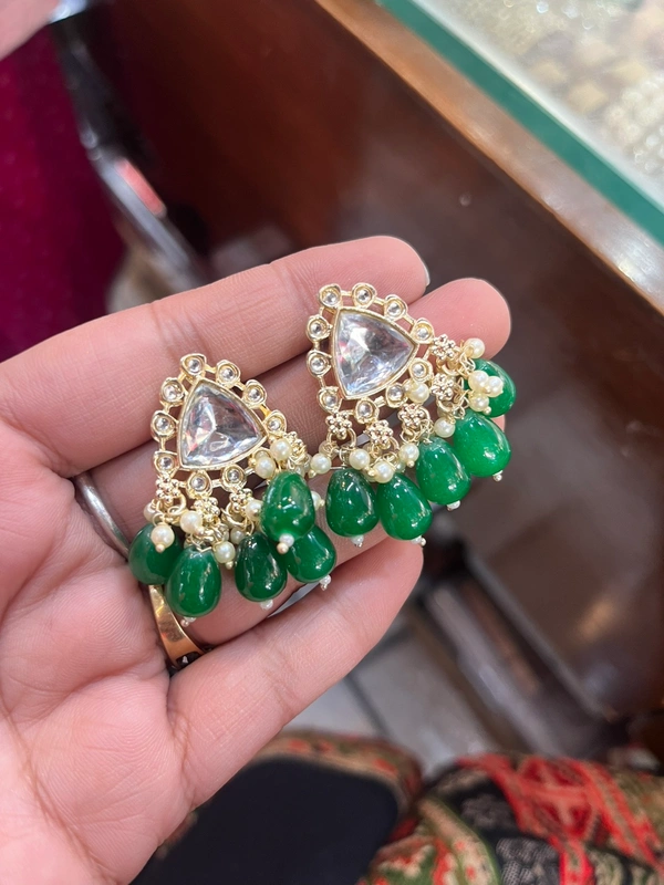 Kundan Small Earing  - green, Tickle Me Pink