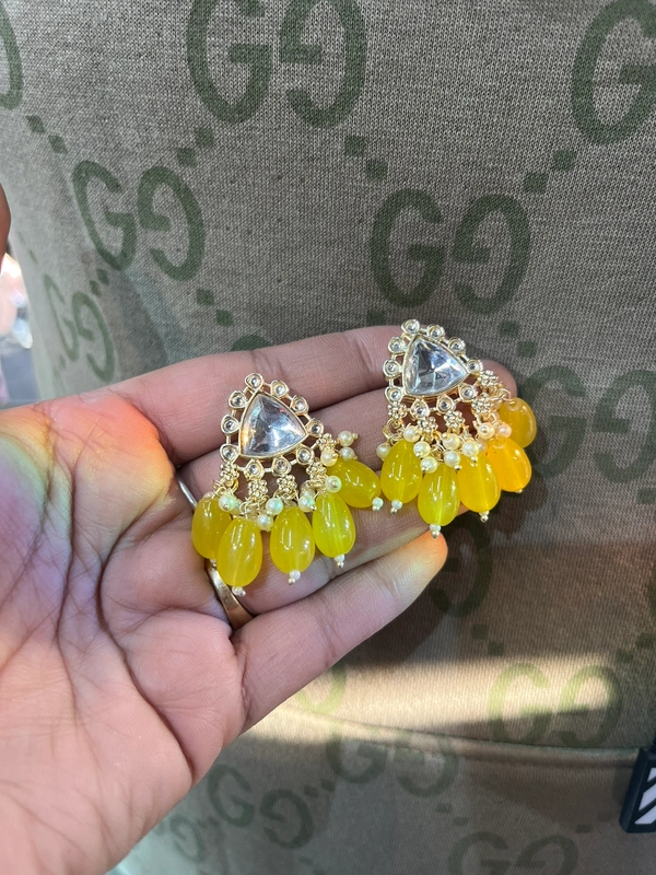 Kundan Small Earing  - yellow, Tickle Me Pink