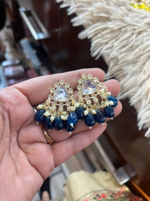 Kundan Small Earing  - Navy Blue, Tickle Me Pink