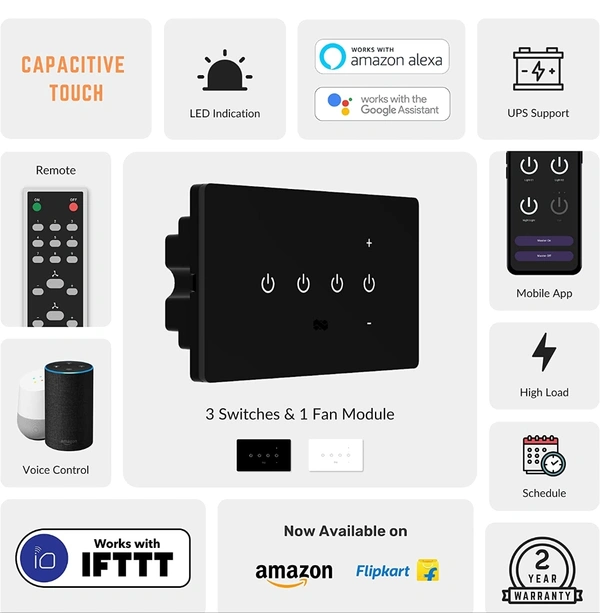 ISHARP Smart WiFi Touch Switch for 3 Lights & 1 Fan with Touch Control, IR Remote, Mobile App, Google Assistant, Amazon Alexa & Google Home Voice Control for Smart Home Automation (Black Variant)