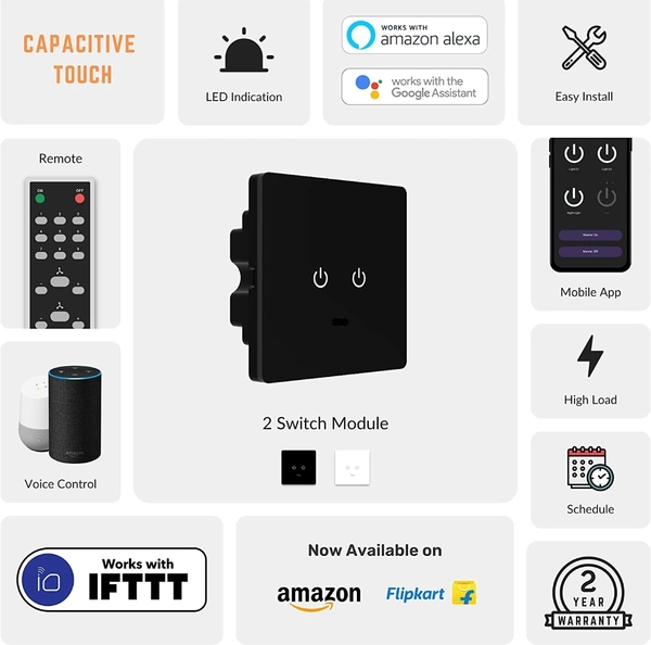ISHARP Smart WiFi Touch Switch for 2 Lights with Touch Control, IR Remote, Mobile App, Google Assistant, Amazon Alexa & Google Home Voice Control for Smart Home Automation (Black Variant)