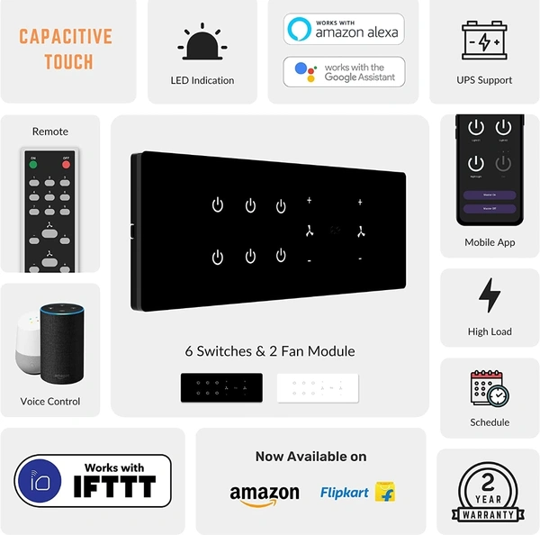 ISHARP Smart WiFi Touch Switch for 6 Lights & 2 Fan with Touch Control, IR Remote, Mobile App, Google Assistant, Amazon Alexa & Google Home Voice Control for Smart Home Automation (Black Variant