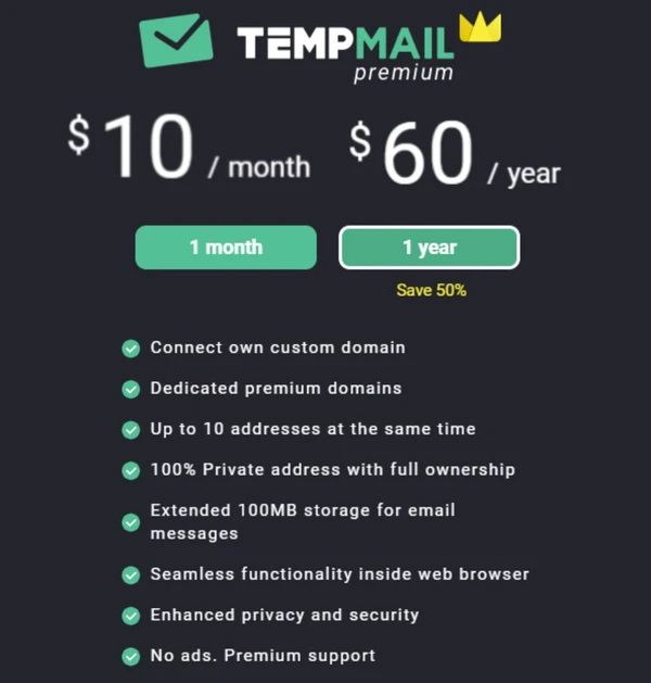 Temp Mail Premium  (Private) - 1 Year