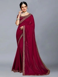 Embroidered Bollywood Art Silk, Lace Saree Maroon
