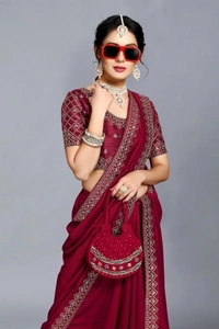 Embroidered Bollywood Art Silk, Lace Saree Maroon