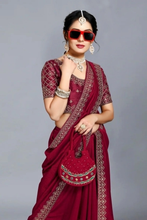 Embroidered Bollywood Art Silk, Lace Saree Maroon