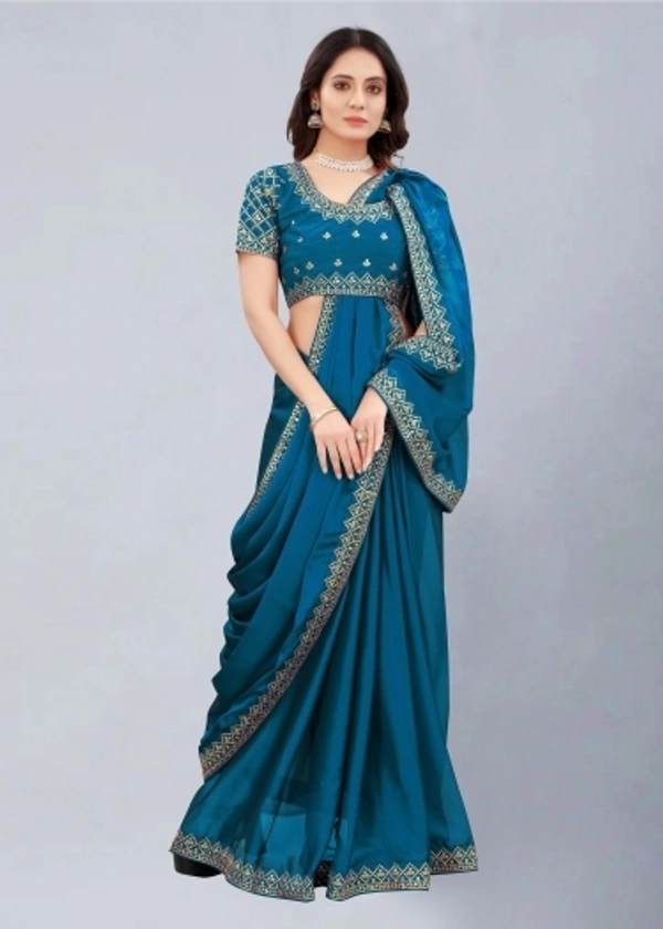 Embroidered Bollywood Art Silk, Lace Saree Pecock Blue