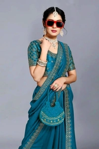 Embroidered Bollywood Art Silk, Lace Saree Pecock Blue