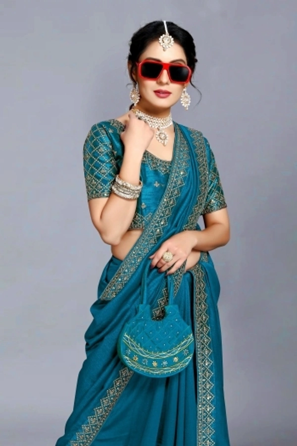 Embroidered Bollywood Art Silk, Lace Saree Pecock Blue