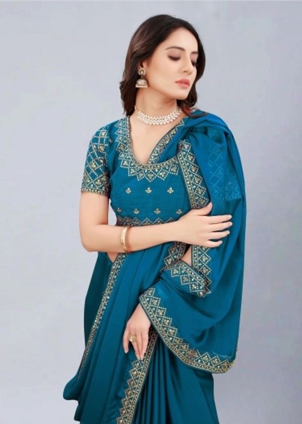 Embroidered Bollywood Art Silk, Lace Saree Pecock Blue