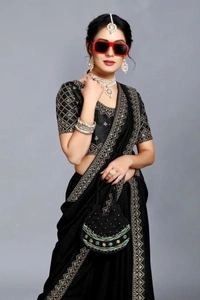 Embroidered Bollywood Art Silk, Lace Saree Black
