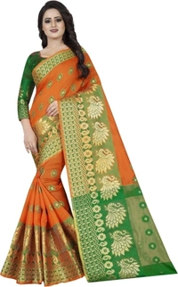 Banarasi Cotton Silk Saree (Orange- Green)