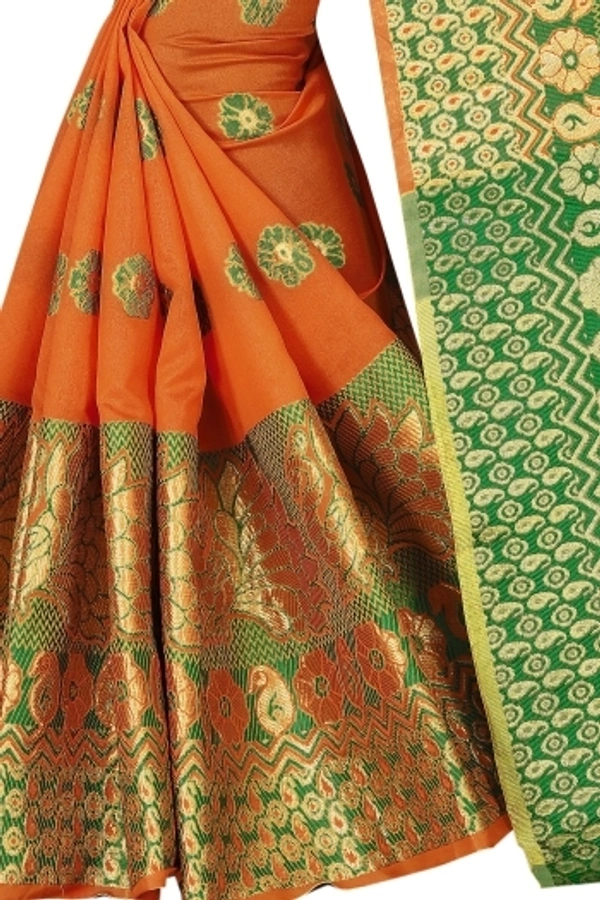 Banarasi Cotton Silk Saree (Orange- Green)