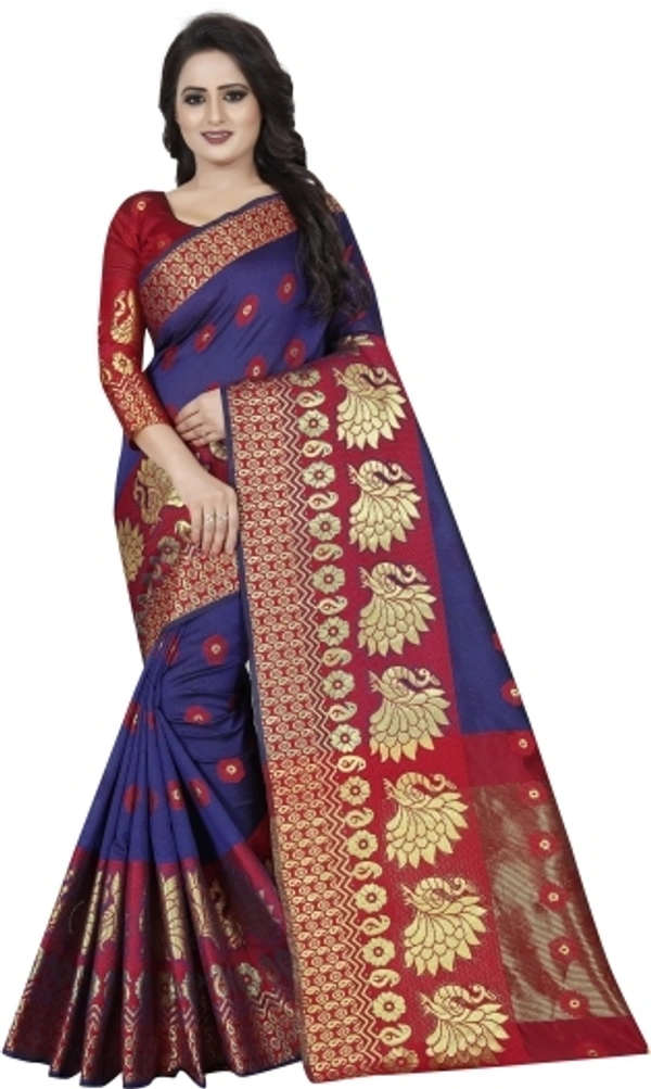 Banarasi Cotton Silk Saree (Blue-Red)