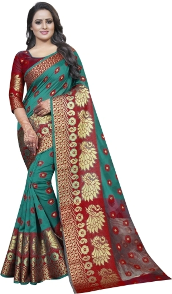 Banarasi Cotton Silk Saree (RAMA GREEN-Red)