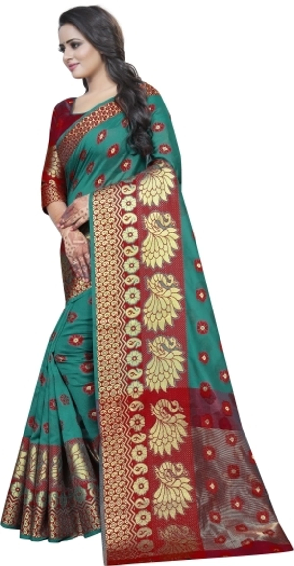 Banarasi Cotton Silk Saree (RAMA GREEN-Red)