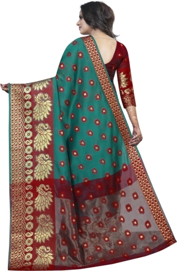 Banarasi Cotton Silk Saree (RAMA GREEN-Red)