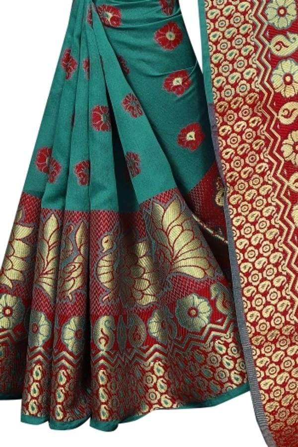 Banarasi Cotton Silk Saree (RAMA GREEN-Red)