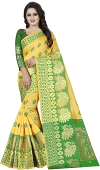 Banarasi Cotton Silk Saree (Yellow- Green)