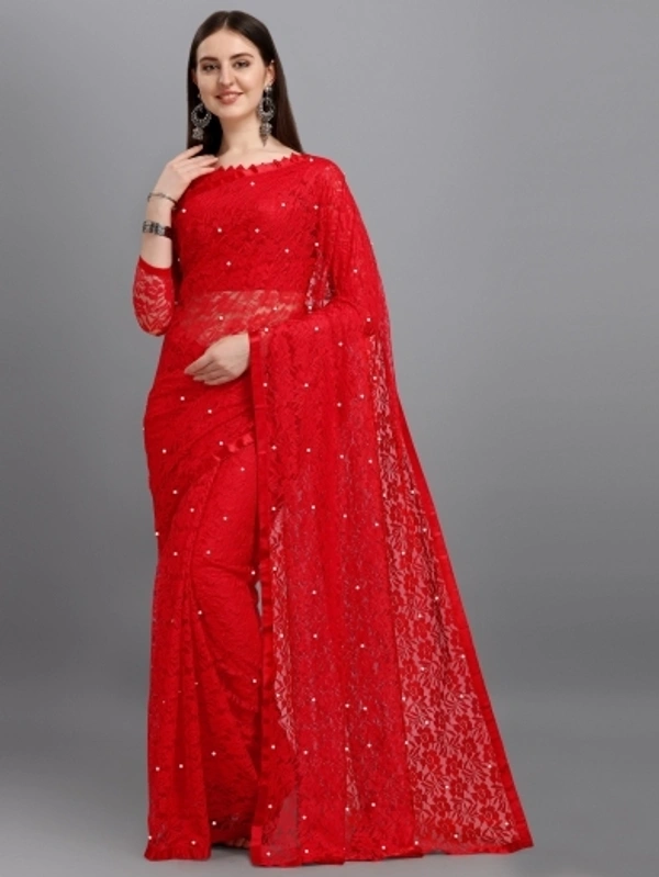 Self Design Bollywood Net Saree (Red) - Red