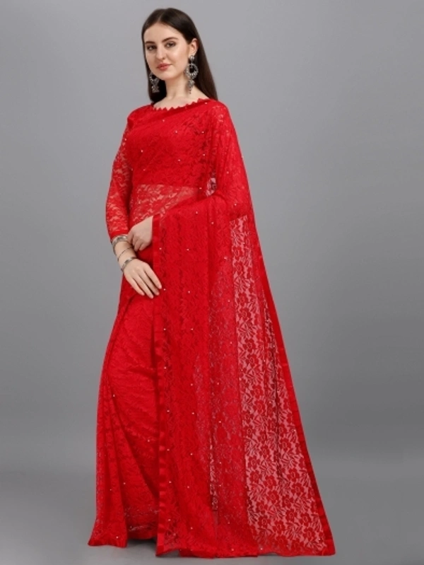 Self Design Bollywood Net Saree (Red) - Red