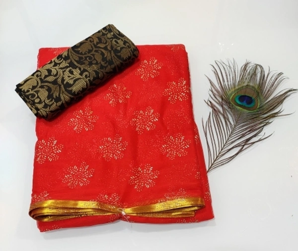Printed Fashion Chiffon Saree (Blue) - Red
