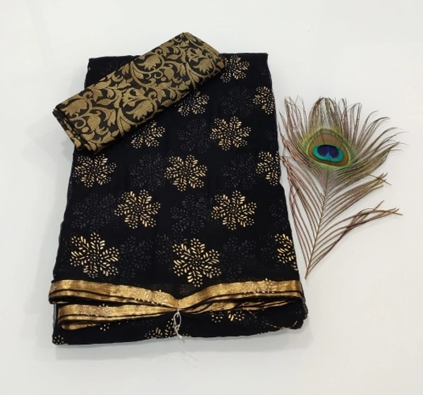 Printed Fashion Chiffon Saree (Blue) - Black