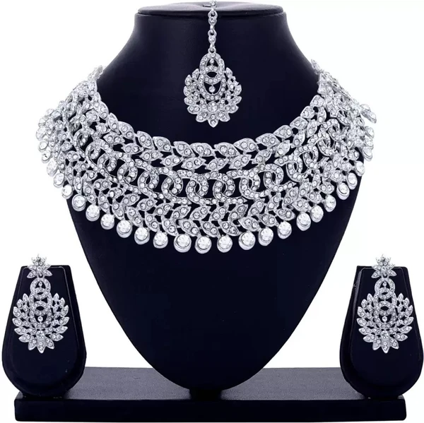 Alloy Rhodium Jewel Set  (Silver) - Silver