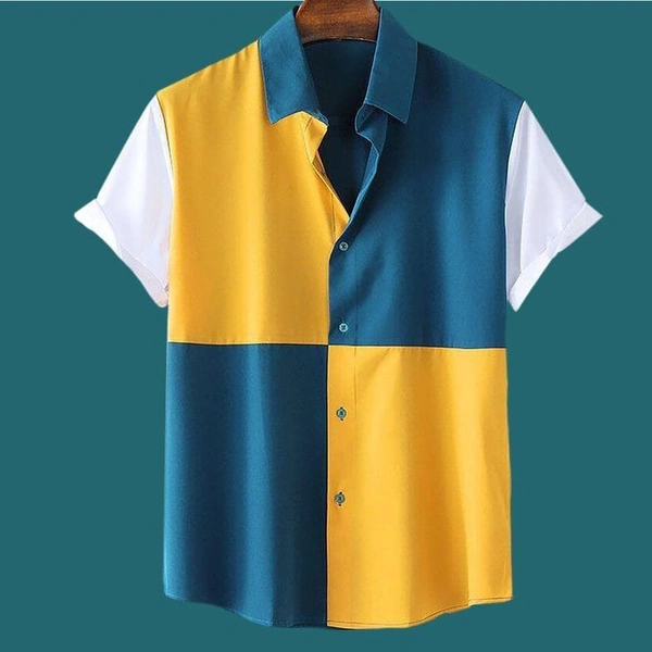 TeesBunker Denim Cotton Color Block Regular Fit Half Sleeves Shirt For Men - XL