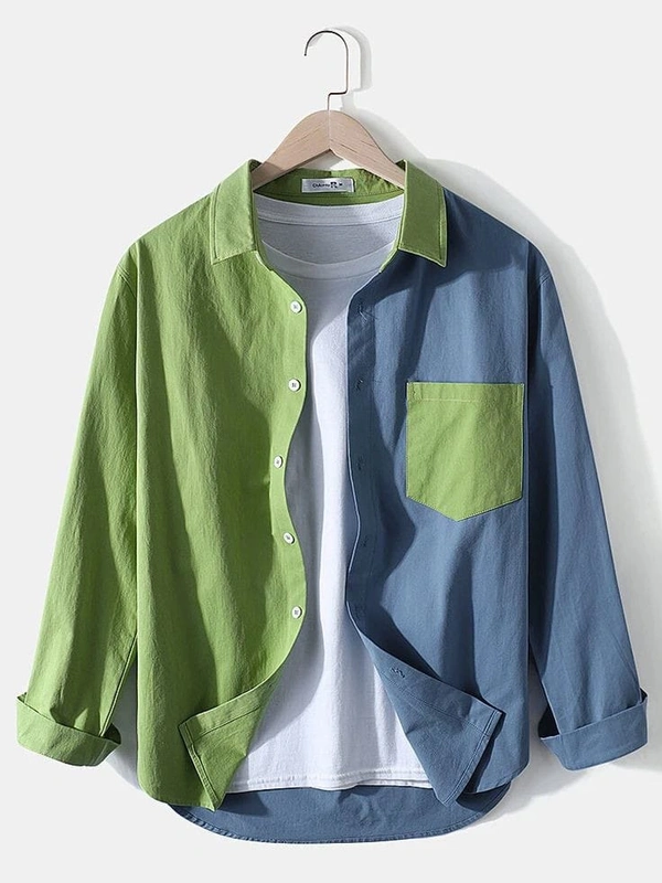 TeesBunker Colorblock Long Sleeve Denim Cotton Vintage Branded Blue & Green Button Down Shirts  - S