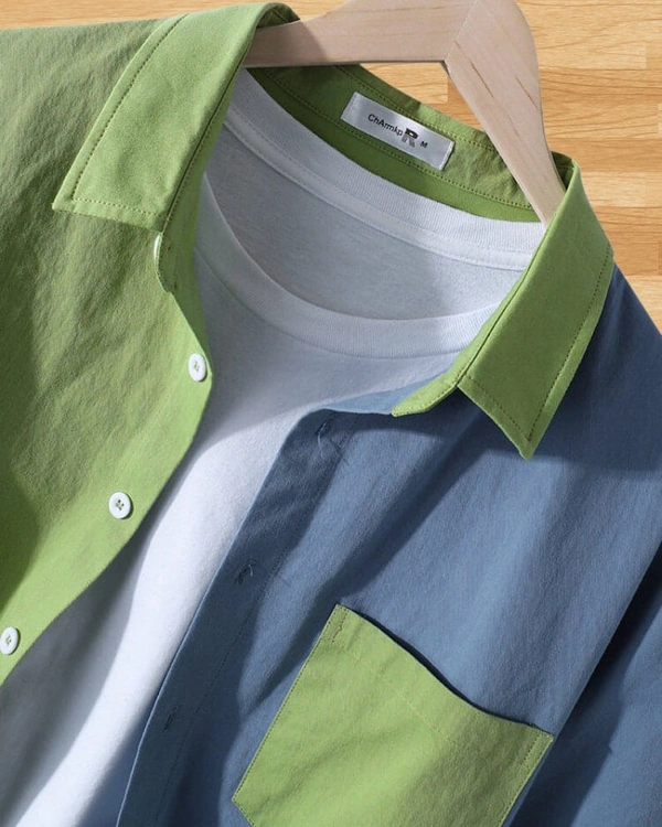 TeesBunker Colorblock Long Sleeve Denim Cotton Vintage Branded Blue & Green Button Down Shirts  - S