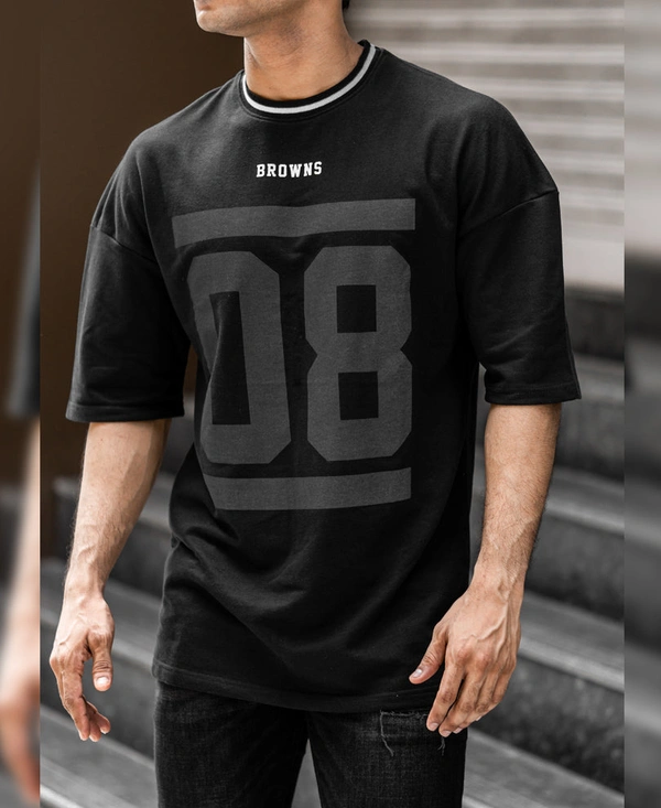 Mens Stylish Over Sized Rubber Printed Premium Cotton Black T-Shirt - S